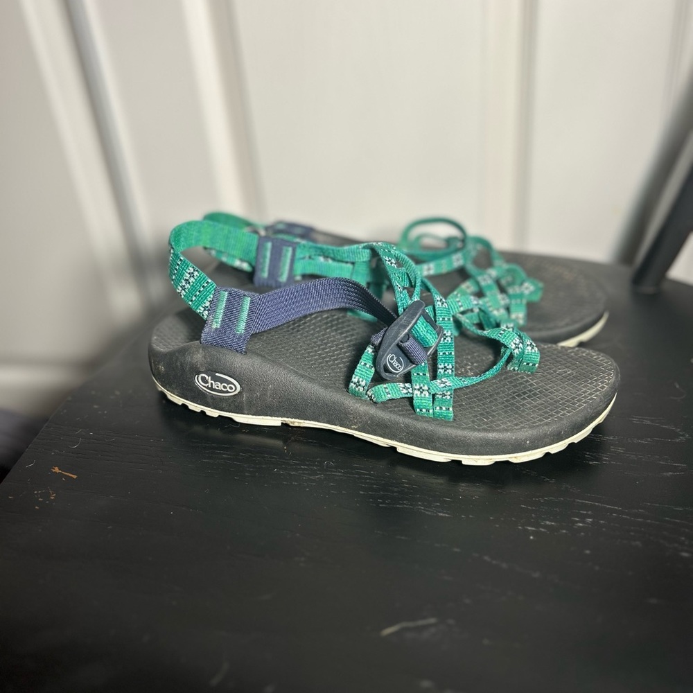 Green, Blue, & White Chaco Sandals with toe